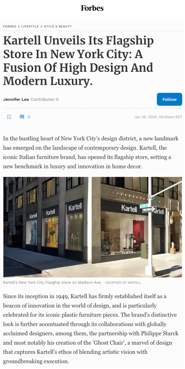 Kartell unveils its New York flagship store: a fusion of high-end design and modern luxury
