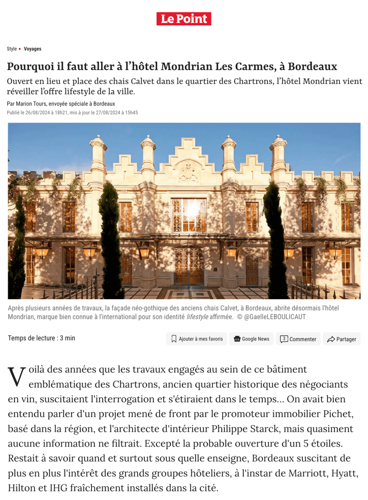 Why you should stay at the Hotel Mondrian Les Carmes in Bordeaux