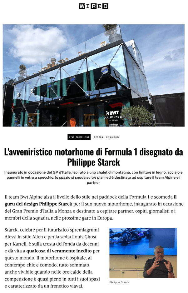 The future Formula 1 motorhome designed by Philippe Starck