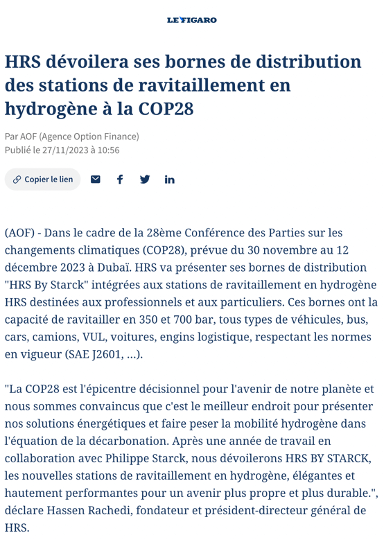 HRS to unveil its distribution terminals for hydrogen refuelling stations at COP28