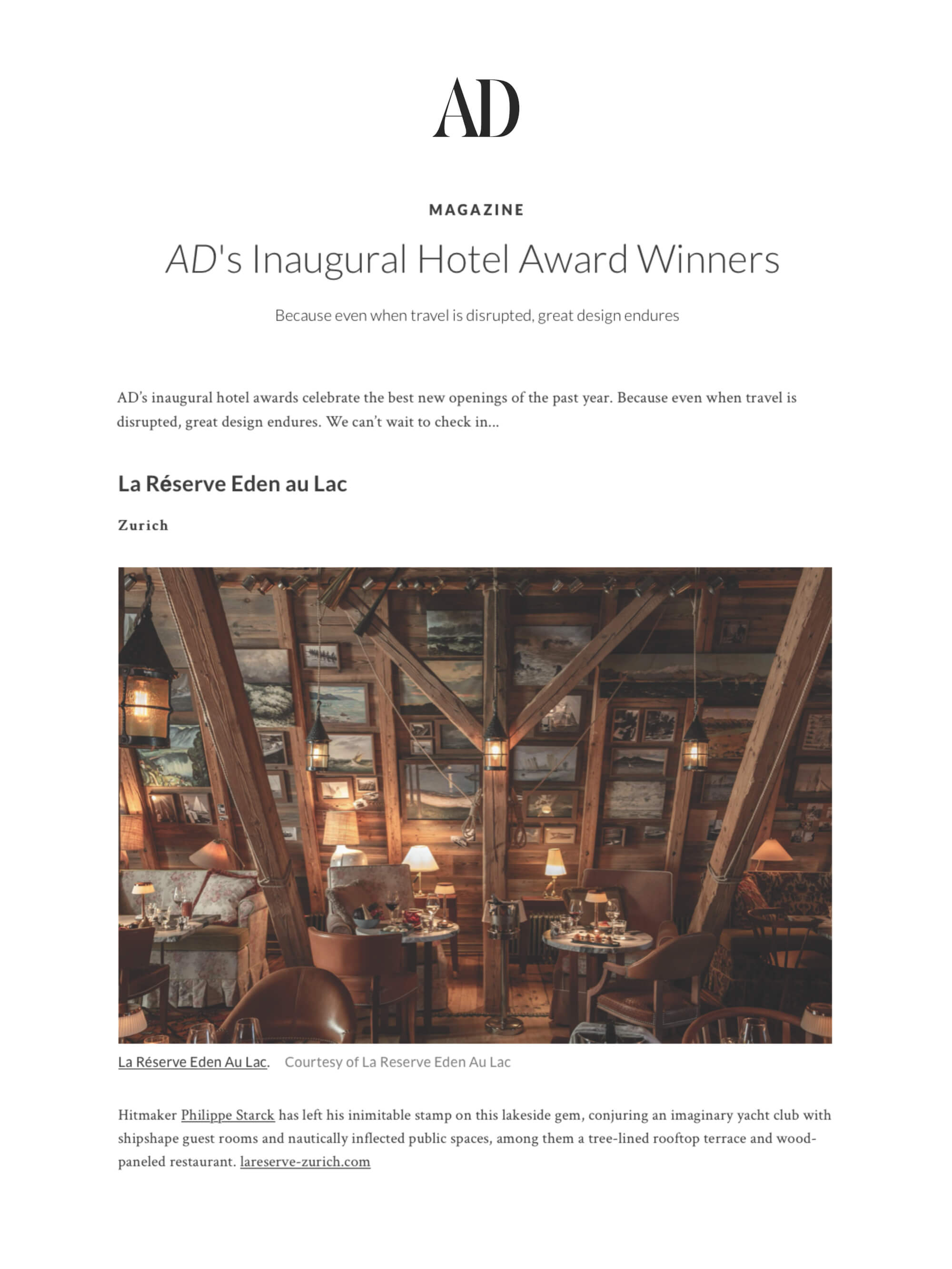 AD - La Réserve Eden au Lac Zurich