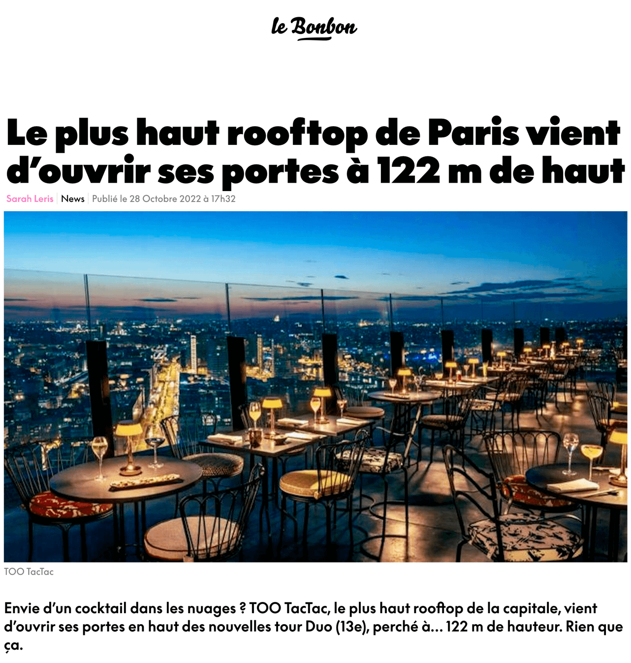 The highest rooftop in Paris has just opened its doors at 122 m high