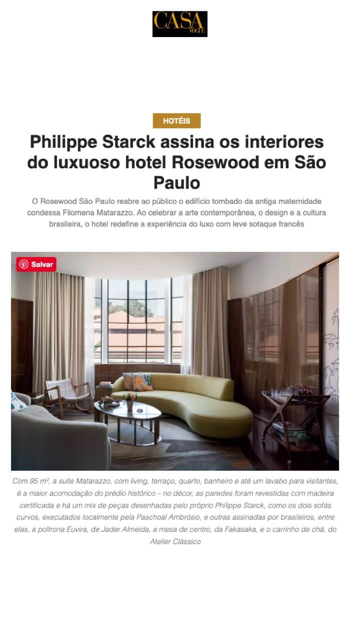 Phillipe Starck signs the interiors of the luxurious Rosewood hotel in São Paulo