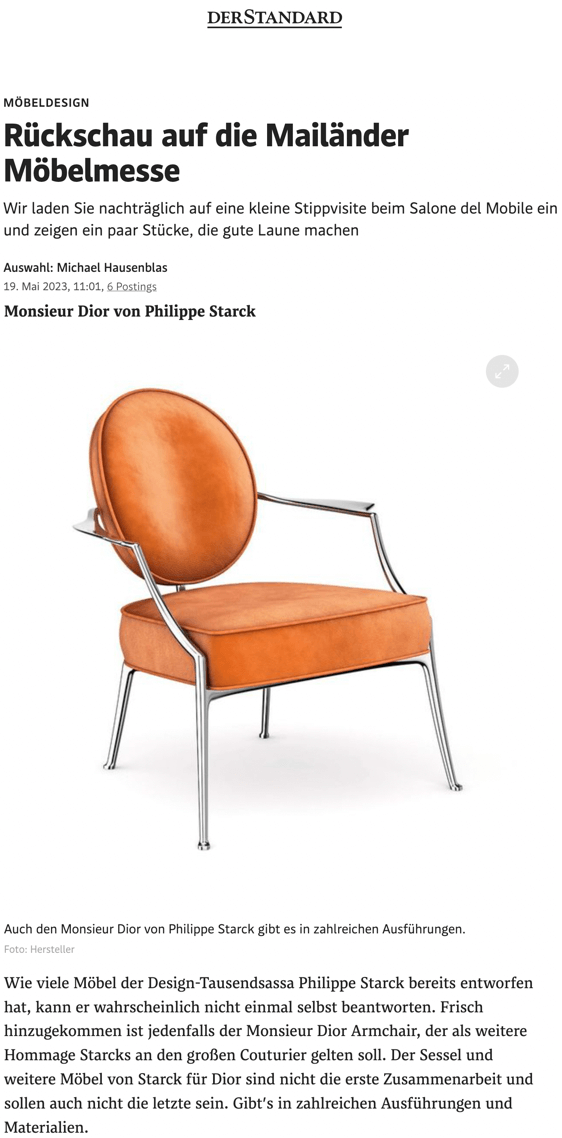 Salon du meuble de Milan : le designer Philippe Starck présente le fauteuil  Monsieur Dior, en hommage au couturier français