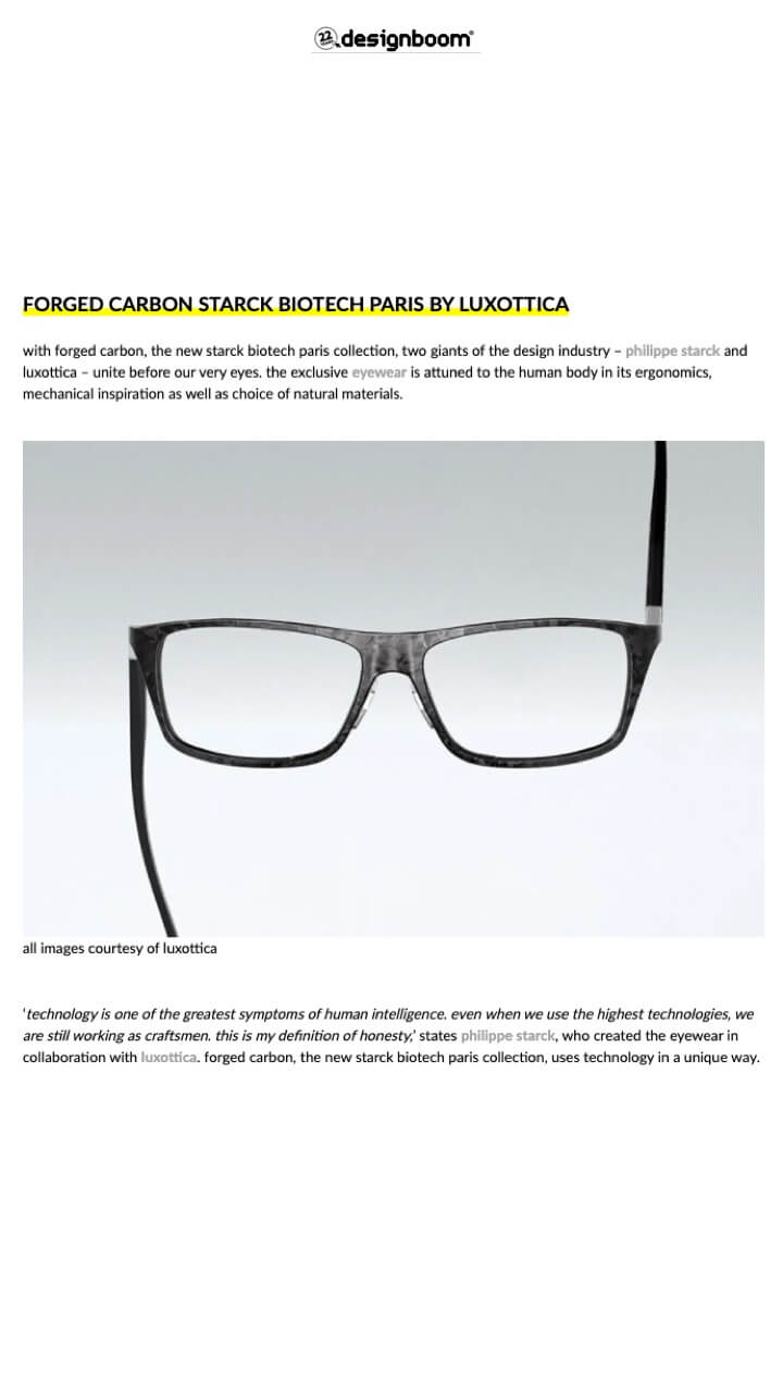philippe starck designs bio-based forged carbon eyewear with luxottica