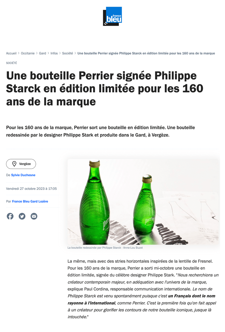 A limited edition Perrier bottle designed by Philippe Starck to celebrate the brand's 160th anniversary