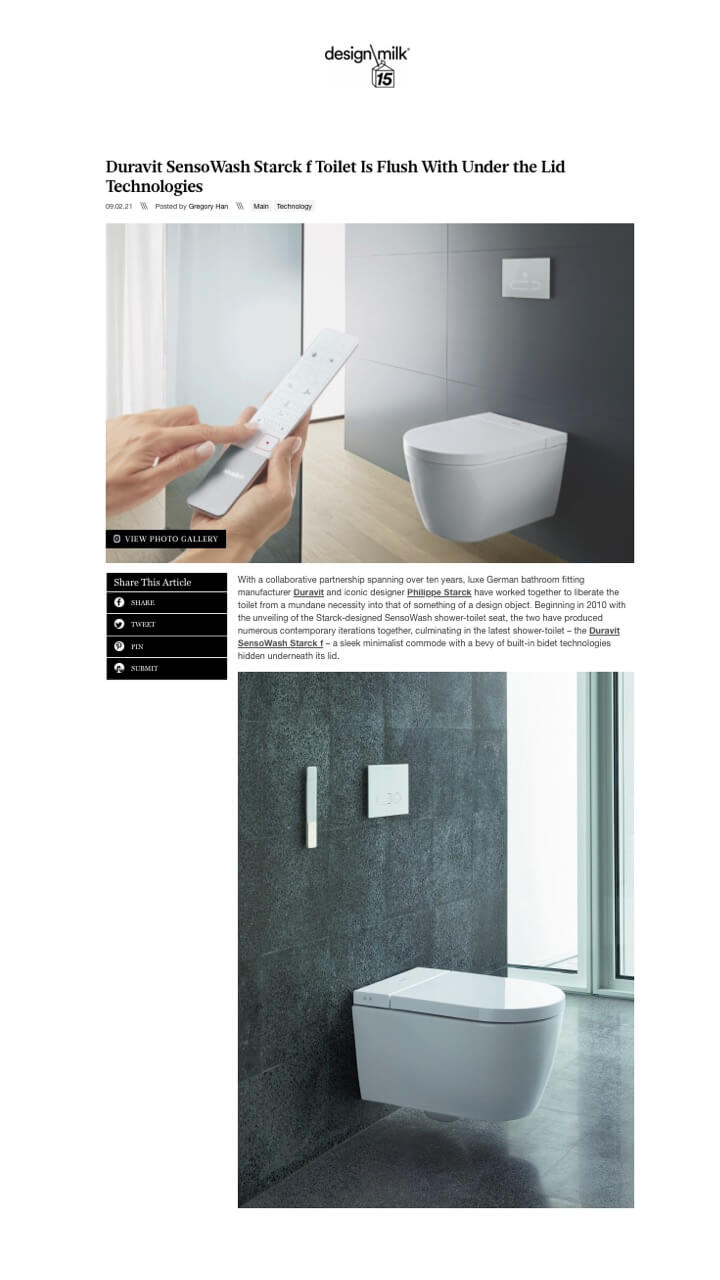 Duravit SensoWash Starck f Toilet Is Flush With Under the Lid Technologies