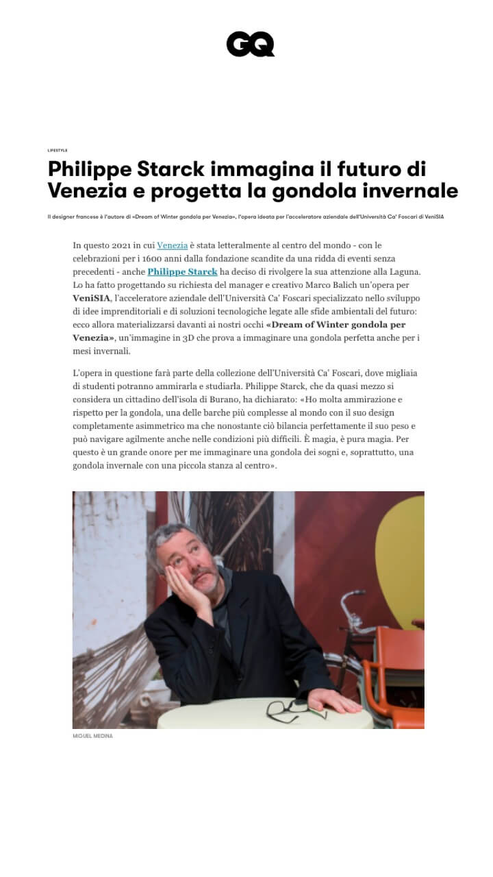 Philippe Starck imagines the future of Venice and designs the winter gondola