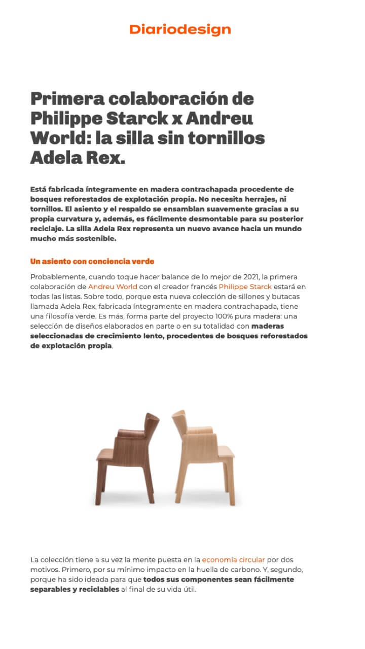First Philippe Starck x Andreu World collaboration: the Adela Rex boltless chair.