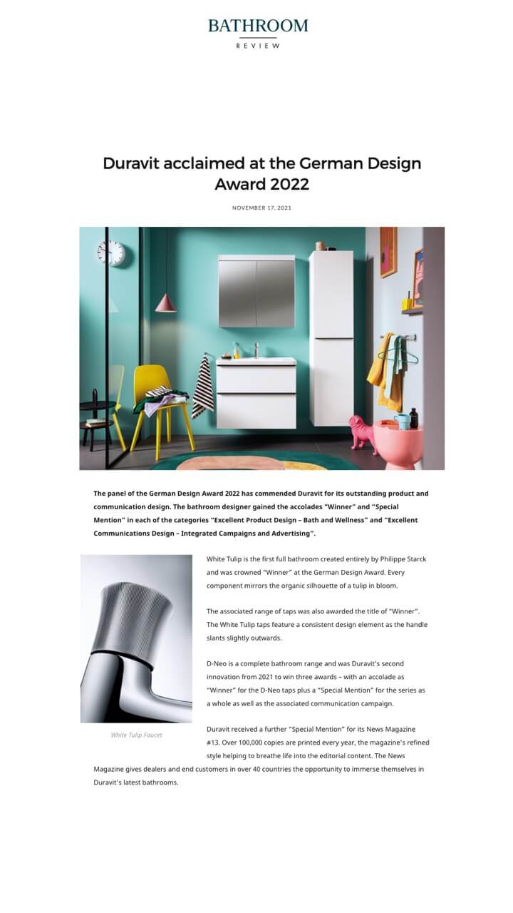 Duravit acclaimed at the German Design Award 2022