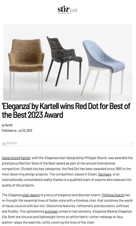 'Eleganza' by Kartell wins Red Dot for Best of the Best 2023 Award