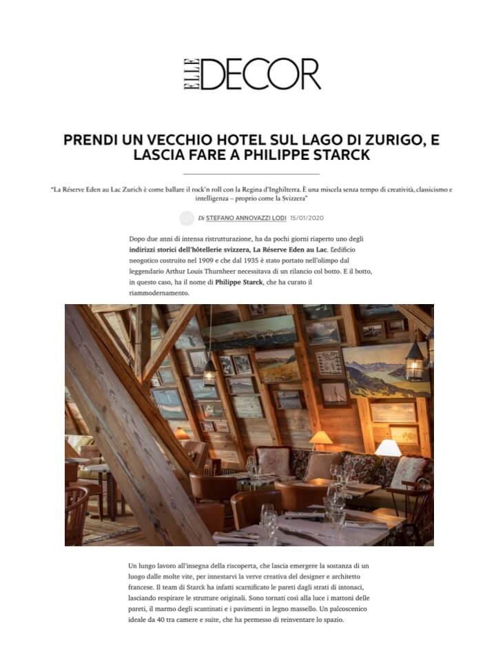 ELLE DECOR - La Réserve Eden au Lac Zurich