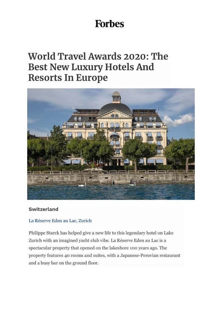 FORBES - La Réserve Eden au Lac Zurich