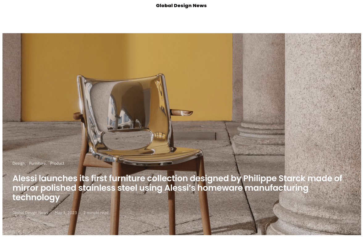 Alessi launches its first furniture collection designed by Philippe Starck made of mirror polished stainless steel using Alessi’s homeware manufacturing technology