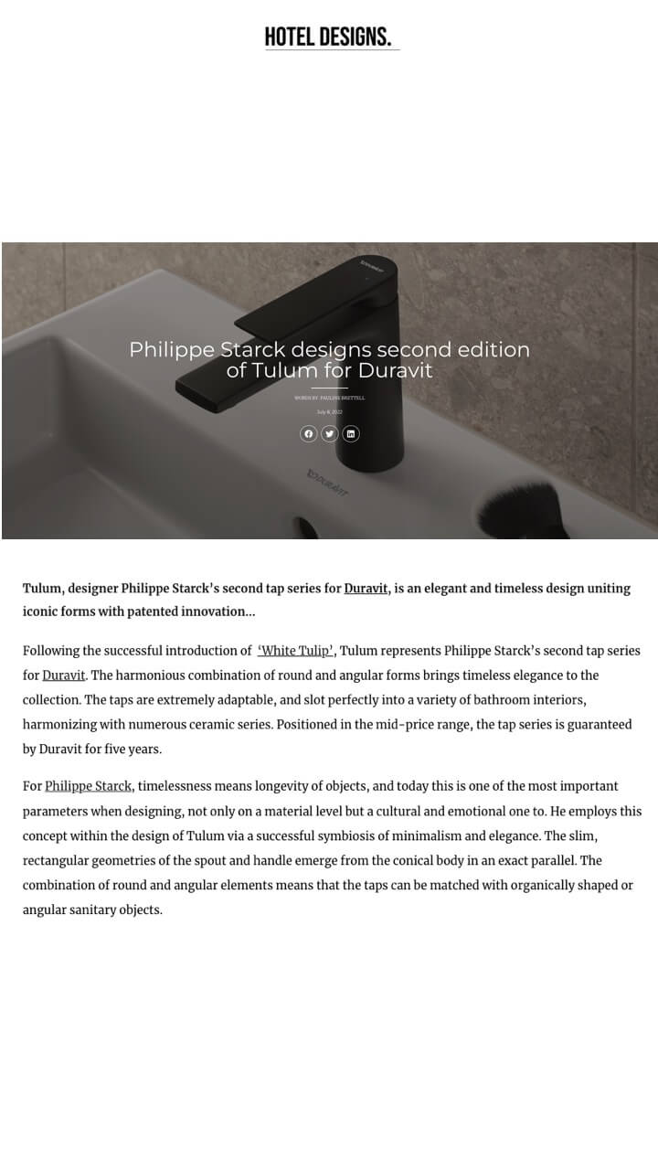 Philippe Starck designs second edition of Tulum for Duravit
