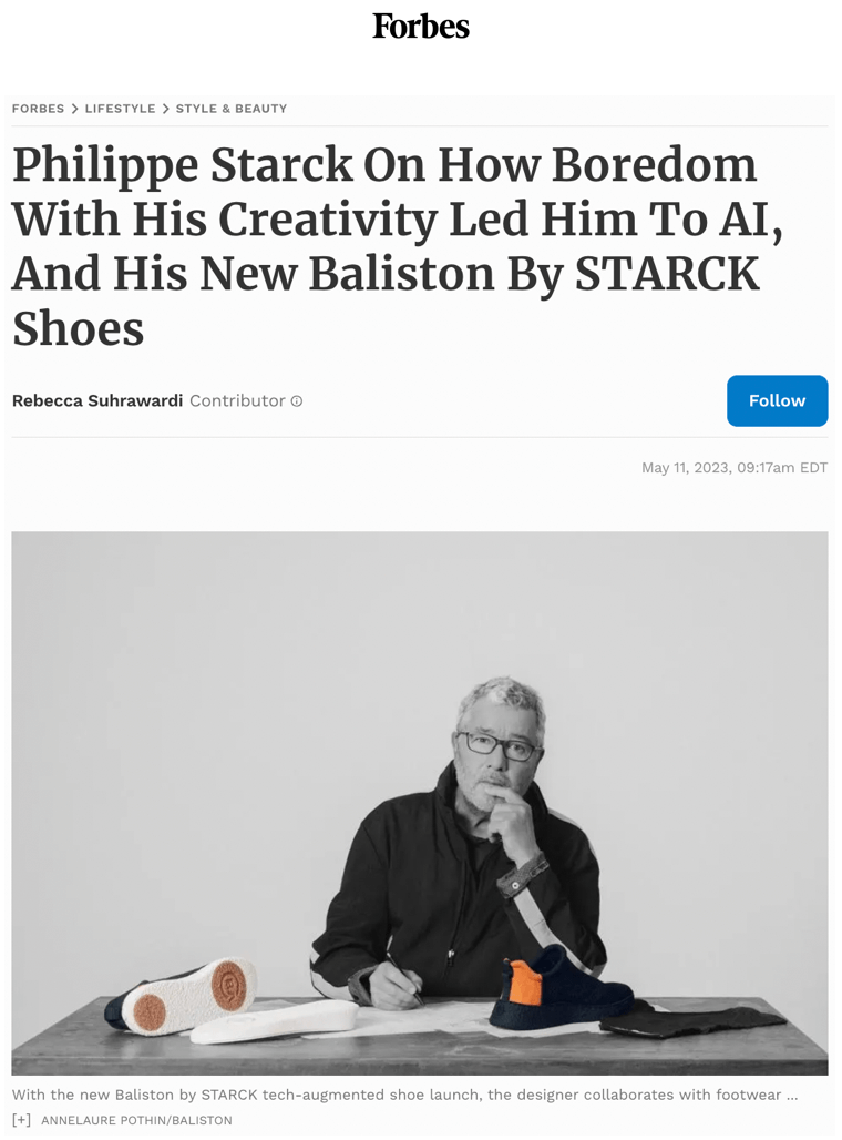 Philippe Starck explique comment l'ennui de sa créativité l'a conduit à l'IA et à ses nouvelles chaussures Baliston By STARCK