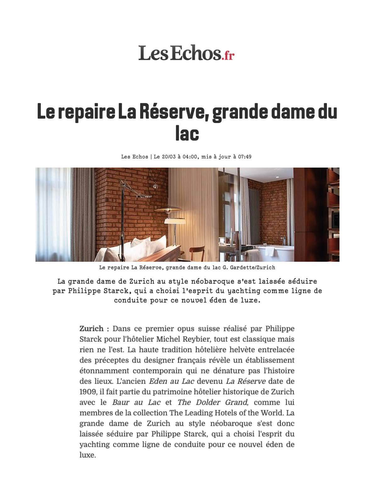 LES ECHOS - La Réserve Eden au Lac Zurich