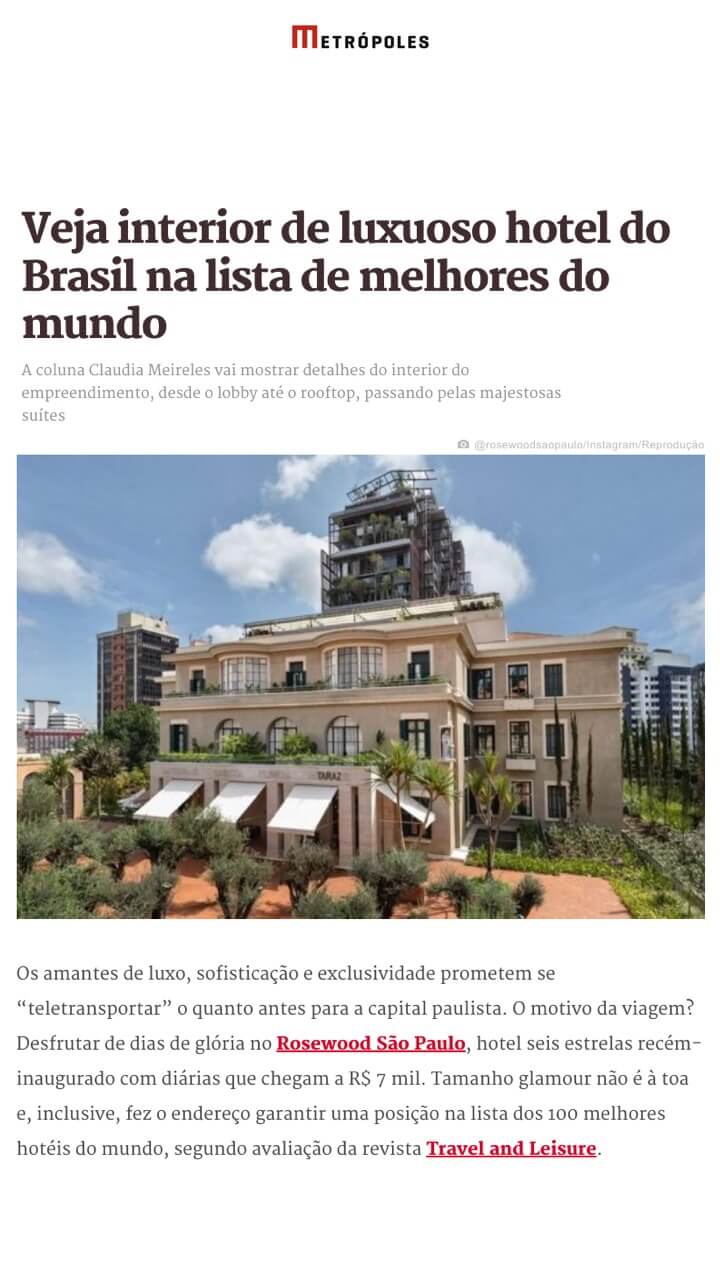 See the interior of the luxury hotel in Brazil in the list of the best in the world
