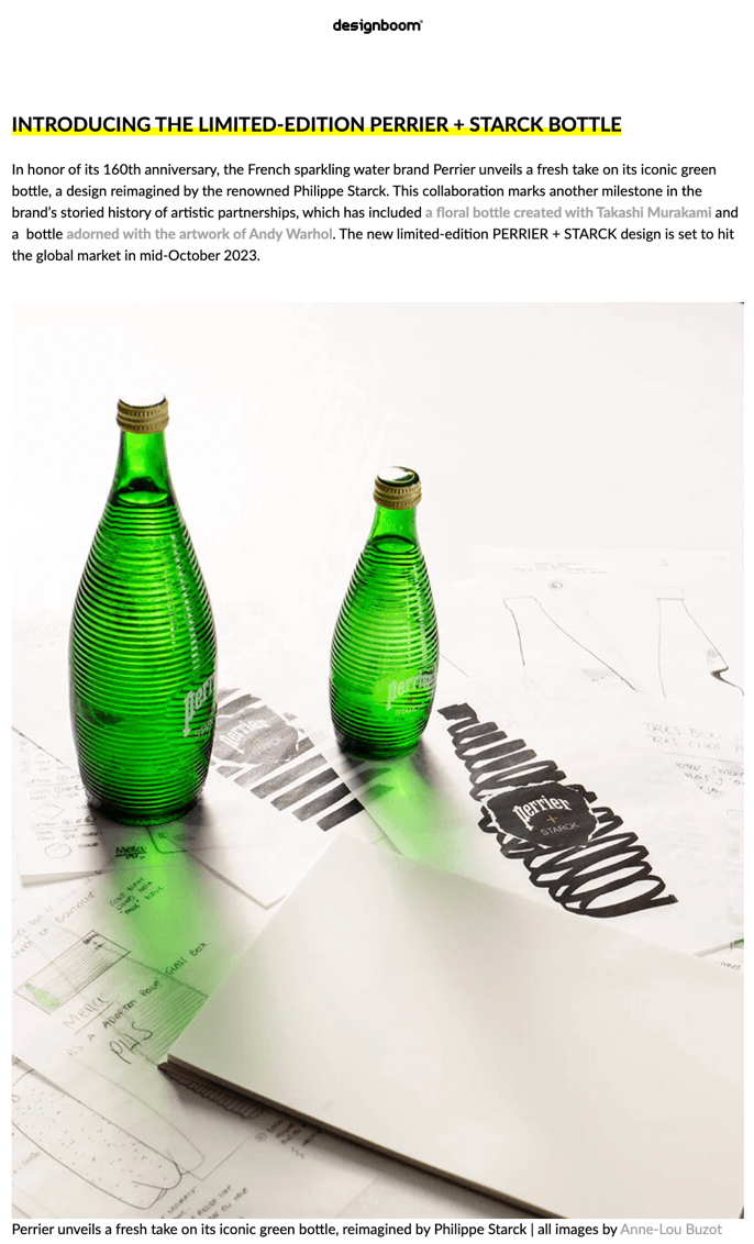 perrier celebrates 160th anniversary with limited edition bottle by philippe starck